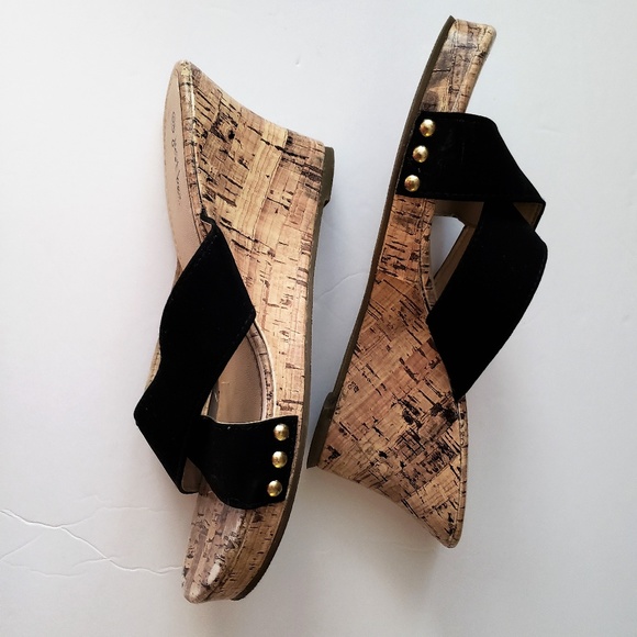 just be Shoes - Just Be Black Wedge Sandals Size 9 Faux Cork Heels